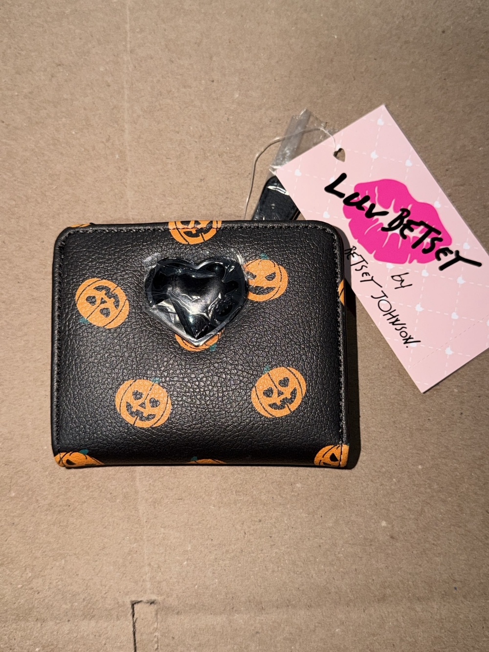 Betsey Johnson Black Wallet with Orange Jack-o'-Lanterns and Heart Accent